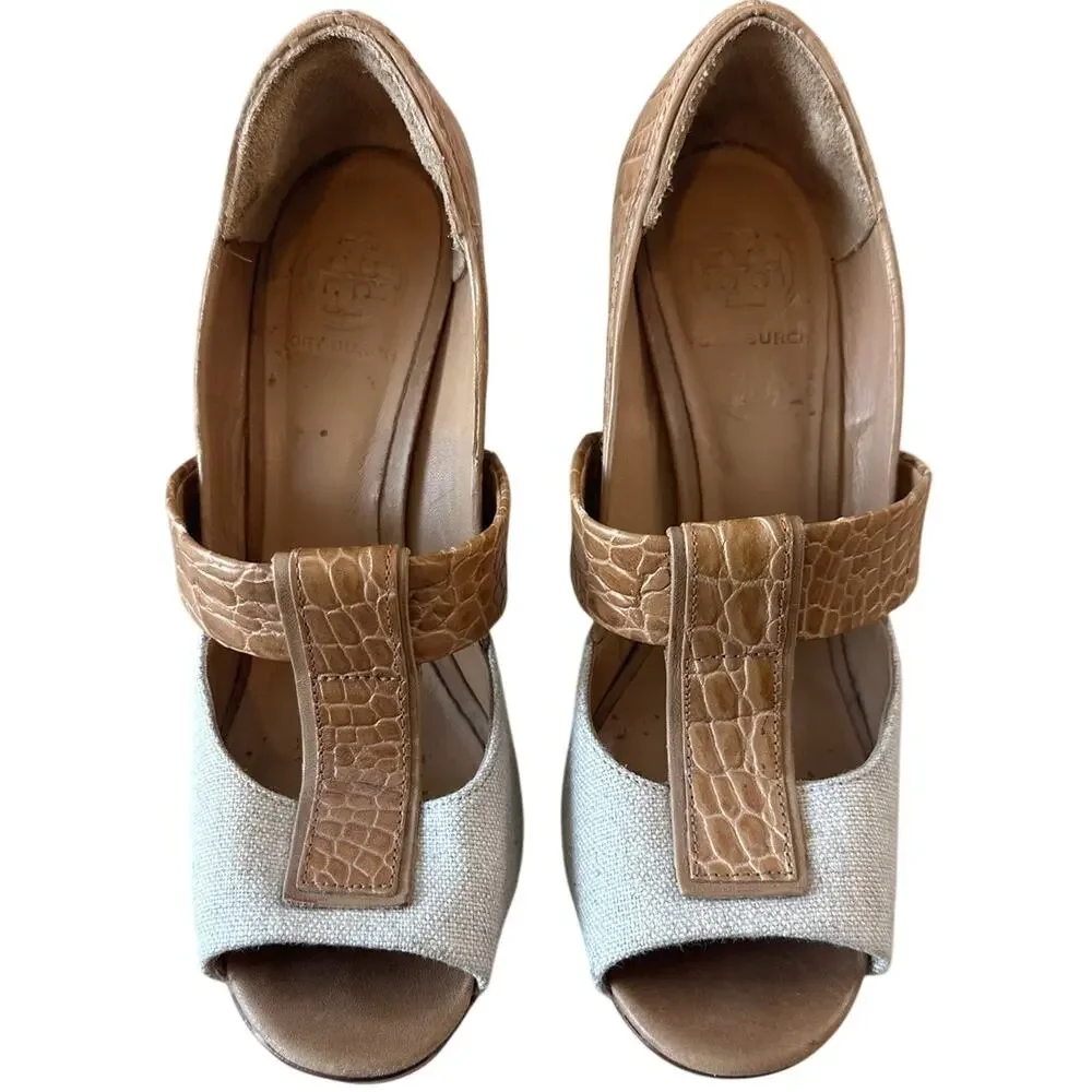 Tory Burch Georgina Linen Platform Heels Croc Leather Peep Toe Sz 9